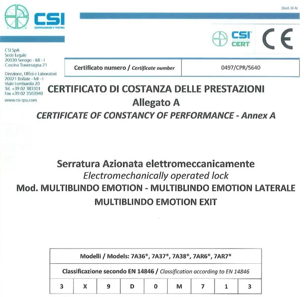 Zamek elektromotoryczny do drzwi przeciwwłamaniowych - certyfikat
